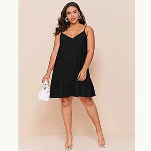 2021 New Plus Double V-Neck Ruffle Hem Slip Dress
