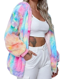 Womens Fuzzy Drawstring Teddy Coat Jacket Full Zip Tie Dye Sherpa Fleece Hoodies