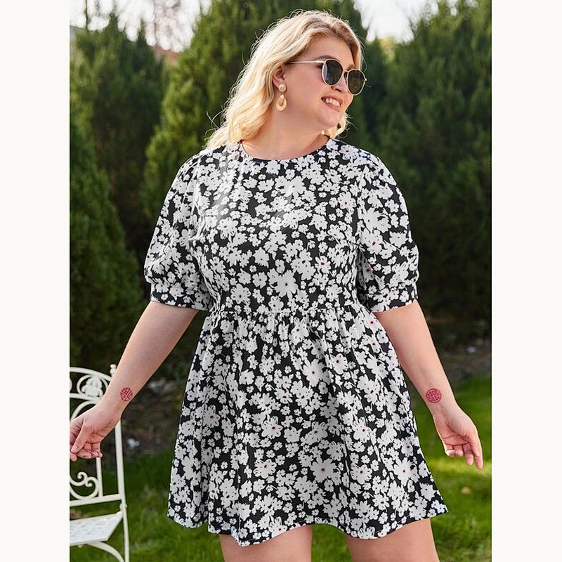 2021 New Plus Allover Floral Puff Sleeve Dress Printed Dress O Neck