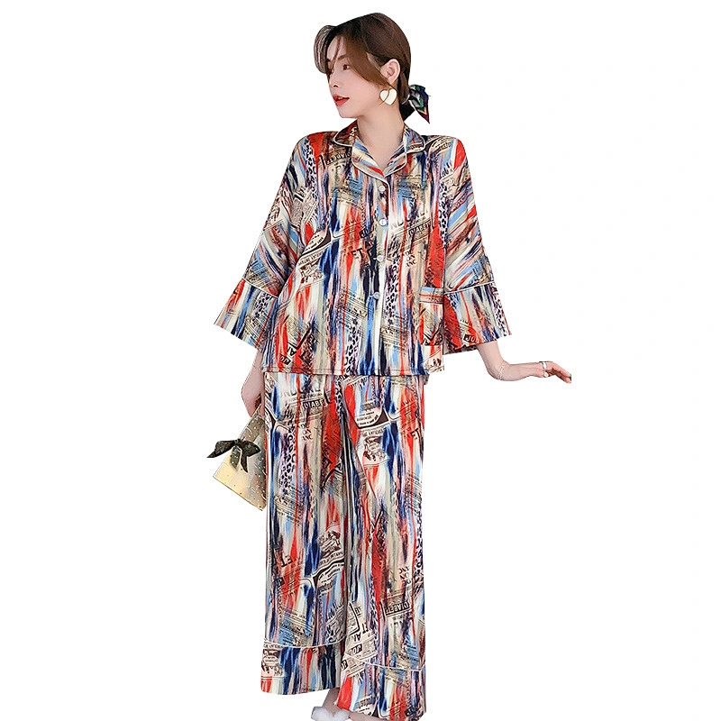 2021 Amazon Winter Pajamas Set comfortable show thin wide leg pants individual graffiti print ice silk pajamas