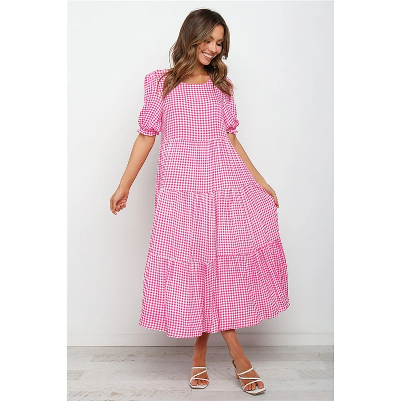 2021 Amazon bubble Sleeve Plaid Polkdot Splicing Loose Dress for Spring Summer