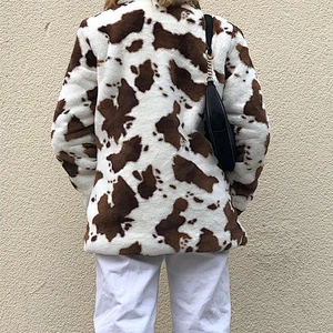 Womens Cow Print Faux Fur Winter Suit Jacket Coat Button Two Side Pockets Sherpa Pullover