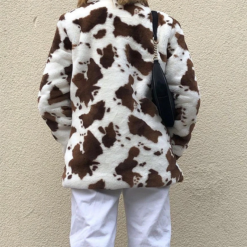 Womens Cow Print Faux Fur Winter Suit Jacket Coat Button Two Side Pockets Sherpa Pullover