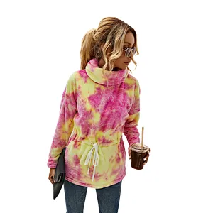 Direct Factory Womens Lambs Wool  Front Belt Teddy Coat High Stand Collar Tie Dye Sherpa Fleece Pullover