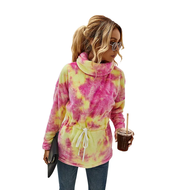 Direct Factory Womens Lambs Wool  Front Belt Teddy Coat High Stand Collar Tie Dye Sherpa Fleece Pullover