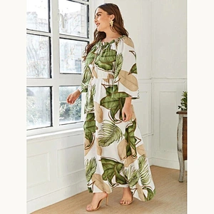 2021 New Plus Tropical Print Frill Trim Maxi Dress