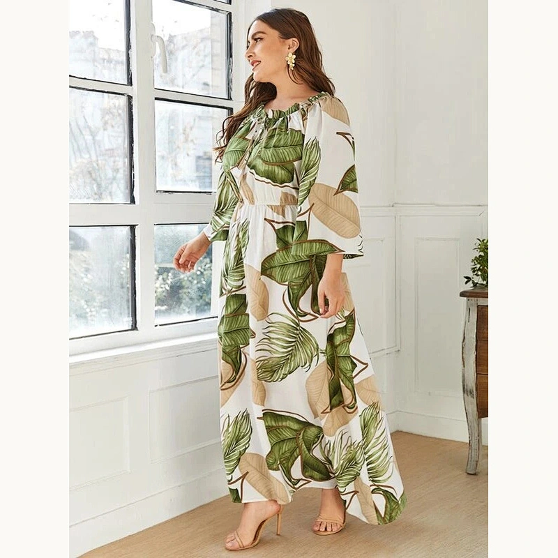 2021 New Plus Tropical Print Frill Trim Maxi Dress