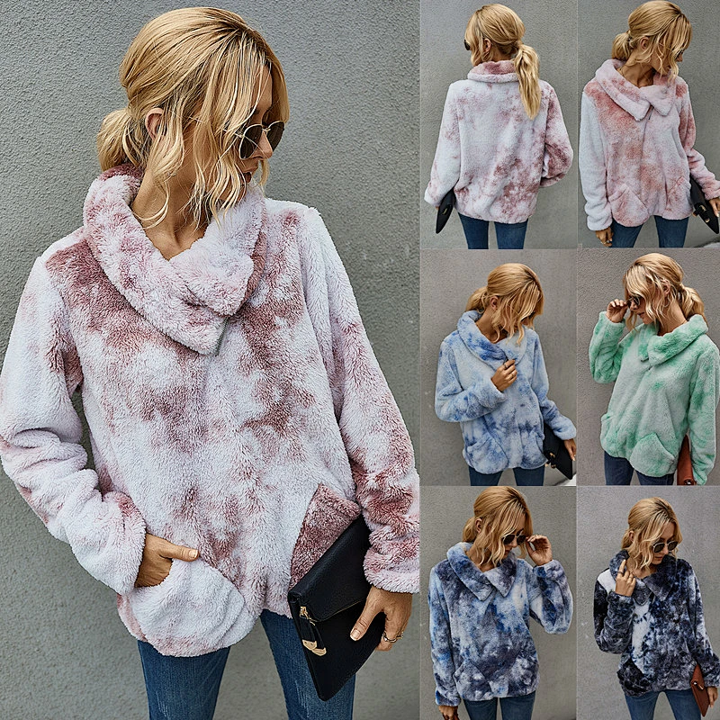 Women's Lapel Neck Sweatshirt Oblique Zip Up Outwear Fleece Skew Collar Sherpa Pullover with Pockets