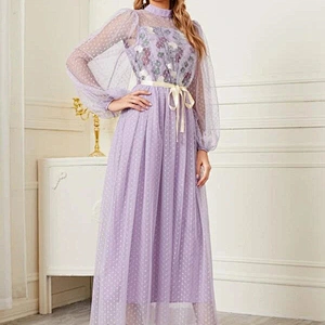 2021 New Arrival Polka Dot Mock Neck Belted Mesh Overlay Dress Romantic Lexy Lady Dress