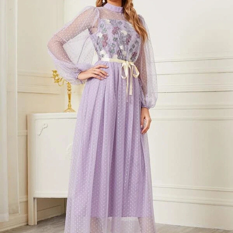 2021 New Arrival Polka Dot Mock Neck Belted Mesh Overlay Dress Romantic Lexy Lady Dress