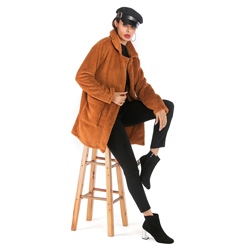 Women's Fuzzy Fleece Open Front Mid Long Cardigan Coat Faux Fur Winter Warm Outwear Pullover with Pocket