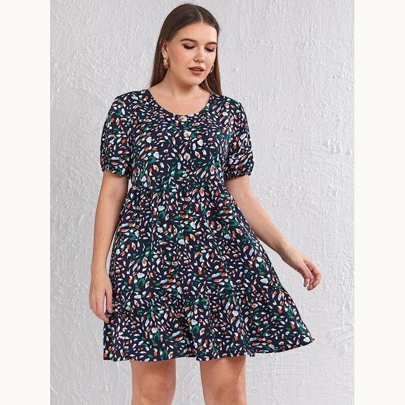 2021 New Plus Allover Print Button Front Puff Sleeve Dress Printed Dress O Neck