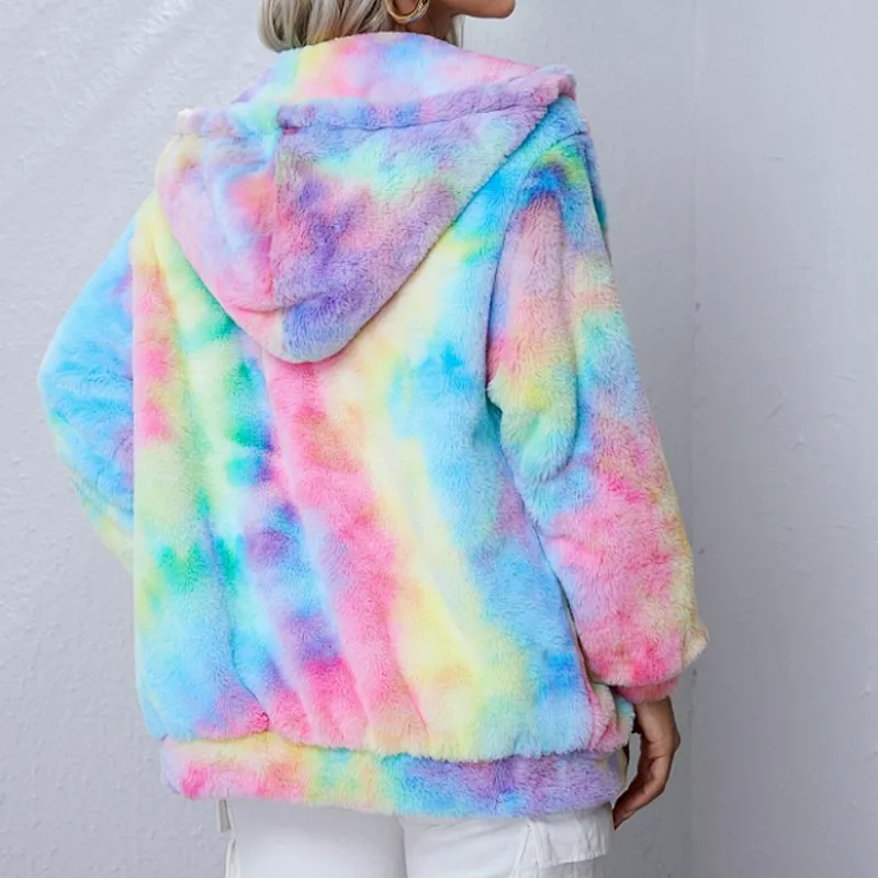 Womens Fuzzy Drawstring Teddy Coat Jacket Full Zip Tie Dye Sherpa Fleece Hoodies