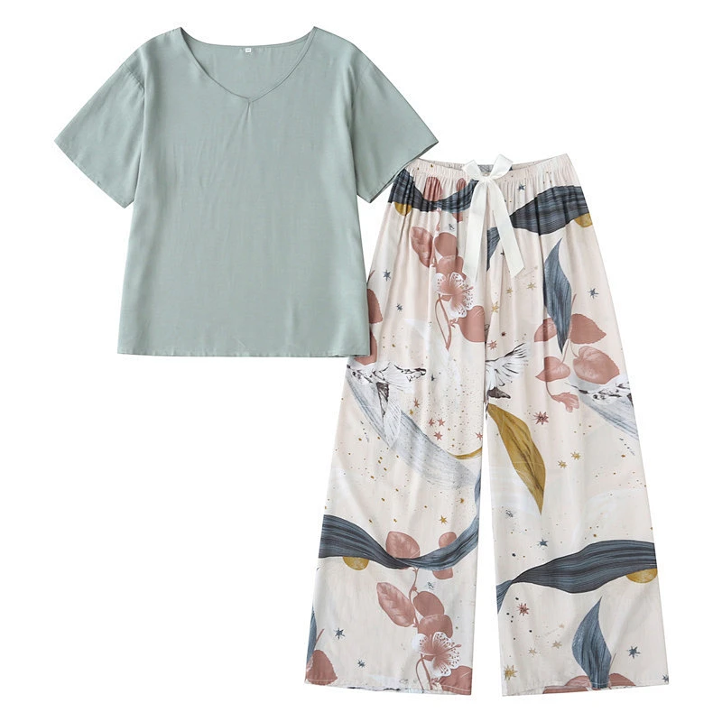 2021new pajamas for women spring summer cotton silk suit short sleeves long trousers  large size casual wear
