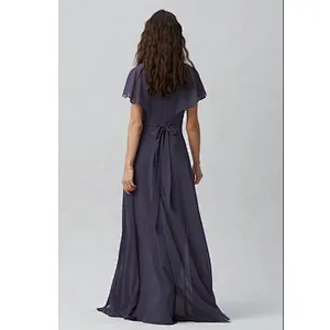OEM Manufactory Customized  A Line V Neck Floor Length Bridesmaid Dress   Back Bow Tie Chiffon Evening Dress