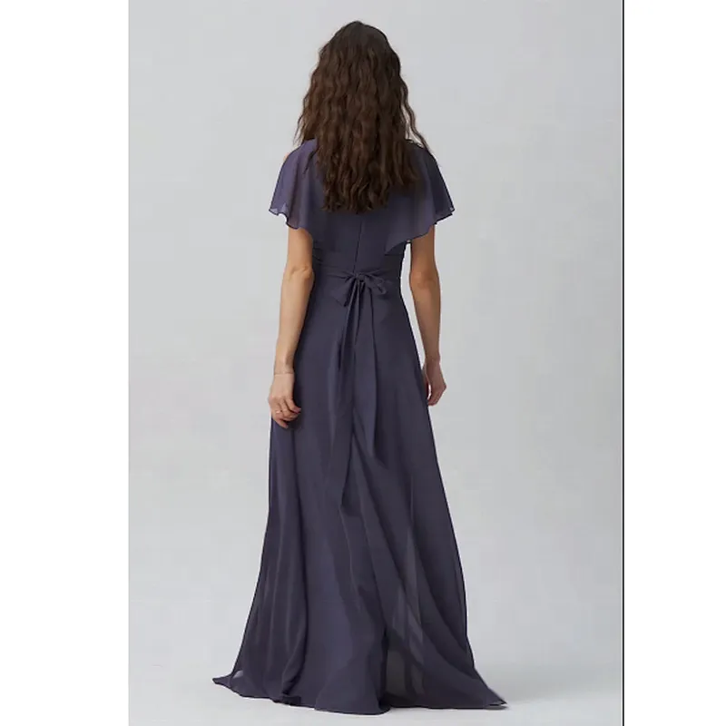 OEM Manufactory Customized  A Line V Neck Floor Length Bridesmaid Dress   Back Bow Tie Chiffon Evening Dress