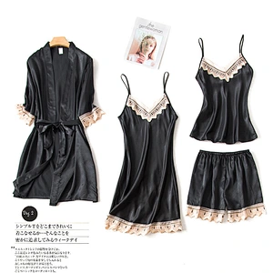 2021Amazon pajamas set 4pcs ice silk pajamas with chest sexy pajamas