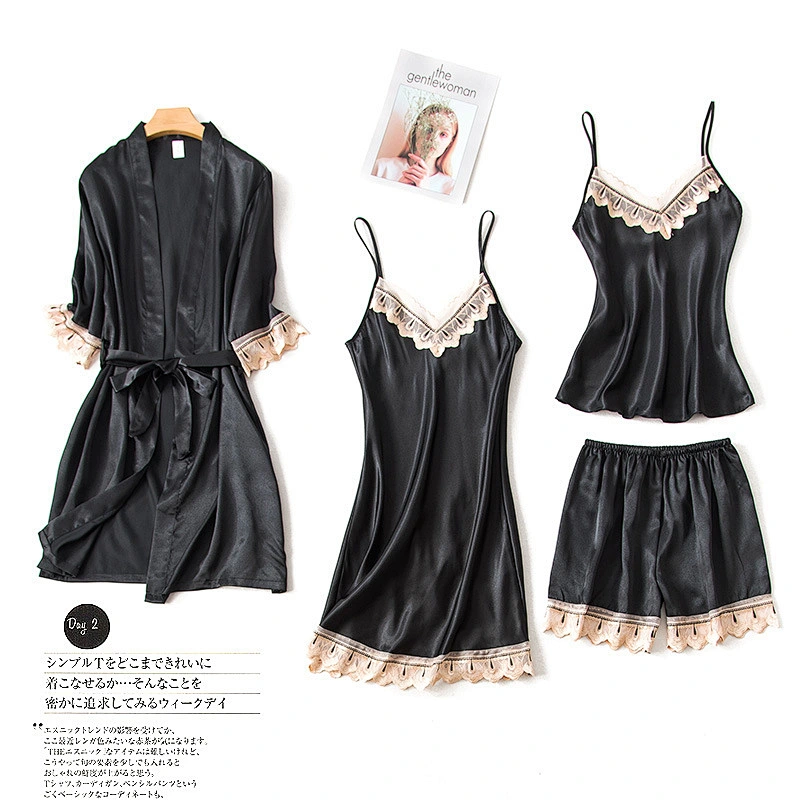 2021Amazon pajamas set 4pcs ice silk pajamas with chest sexy pajamas