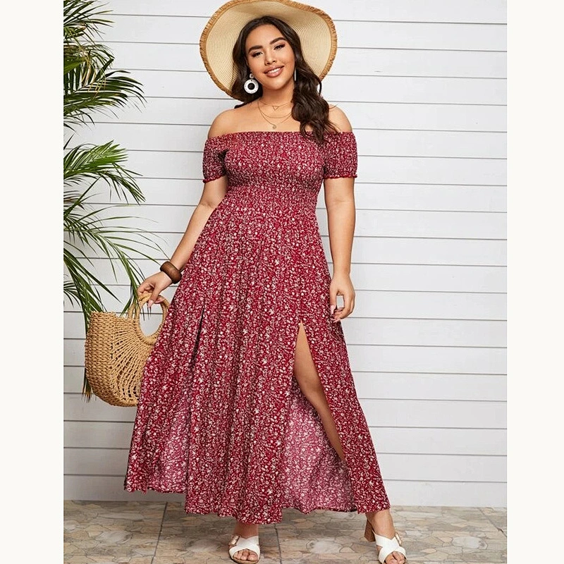 2021 New Plus Off Shoulder Shirred Split Ditsy Floral Dress