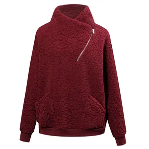 YIWU Factory Solid Color Outwear Sherpa Zipper Skew Collar Fleece Pullover with Pocket