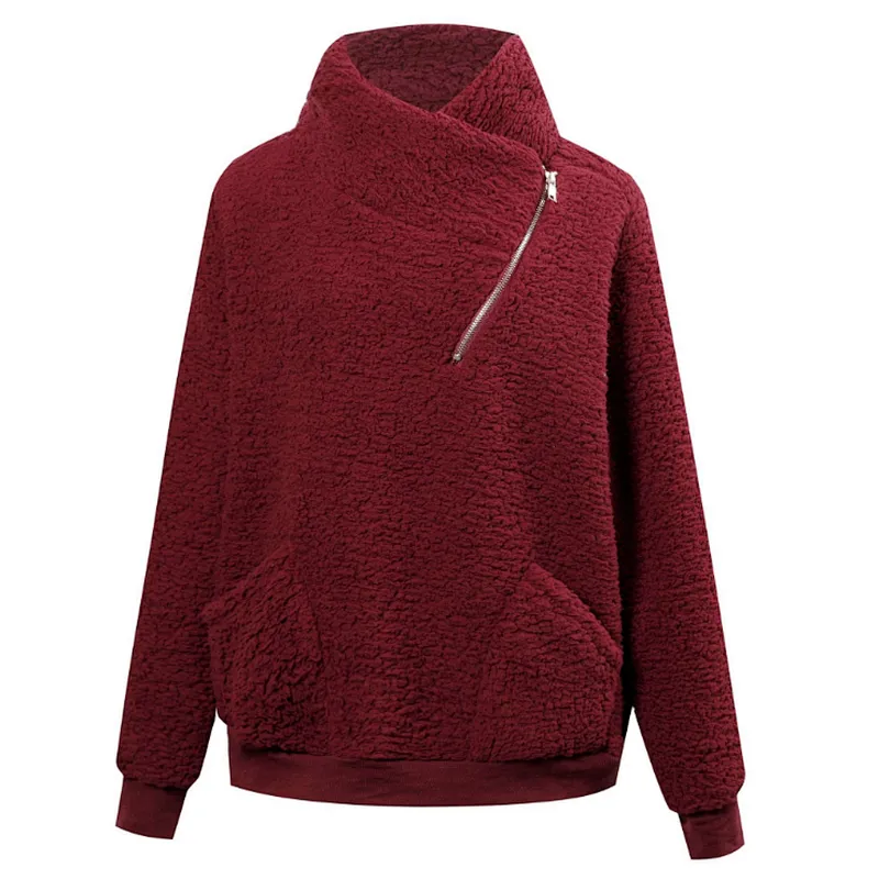 YIWU Factory Solid Color Outwear Sherpa Zipper Skew Collar Fleece Pullover with Pocket