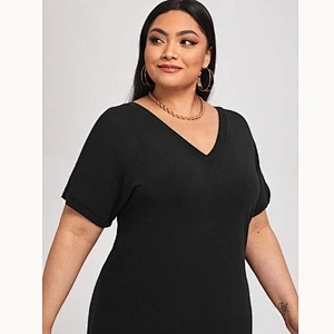 2021 New Plus V-neck Batwing Sleeve Midi Tee Dress