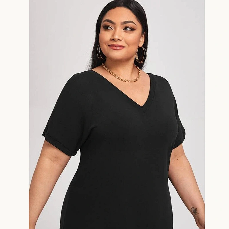 2021 New Plus V-neck Batwing Sleeve Midi Tee Dress