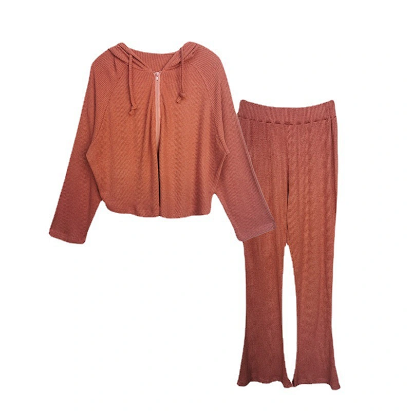 New spring summer women hooded long sleeves wide legging casual set soft knit pyjamas set