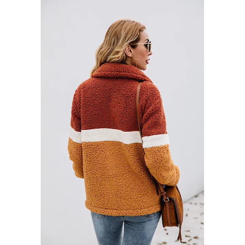 Women Winter Warm Jacket Outwear Full Zipper Patchwork Sherpa Fleece Pullover with Pockets