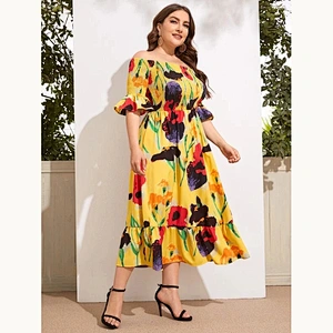 2021 New Plus Floral Print Shirred Bardot Dress