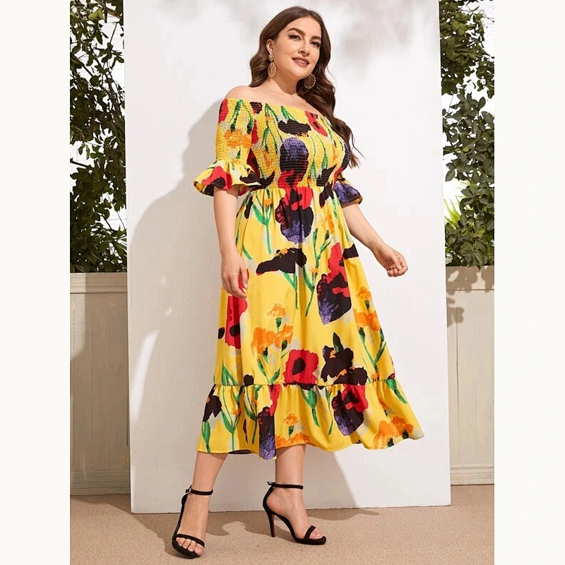 2021 New Plus Floral Print Shirred Bardot Dress