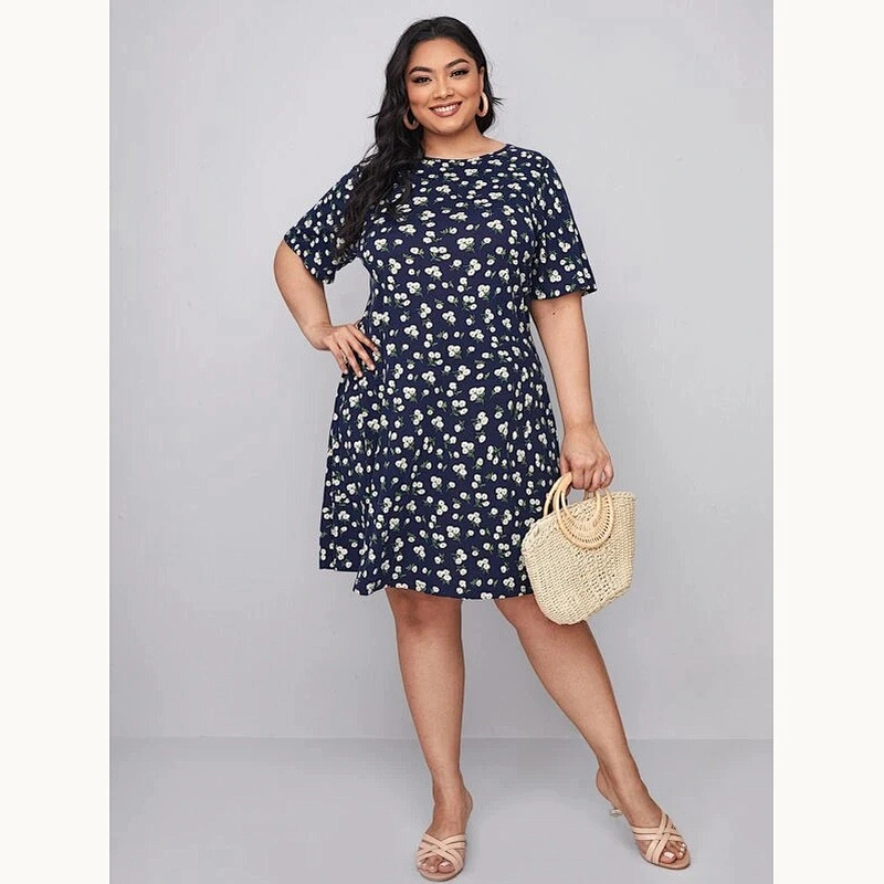 2021 New Plus Ditsy Floral Ruffle Hem Dress Printed dress O Neck short sleeve