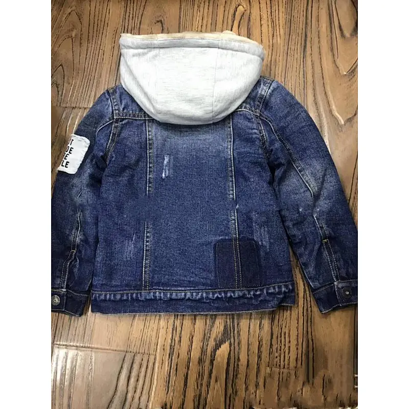 Wholesale Boy's Patch Cotton Washed Blue Denim Plus Velvet Jacket