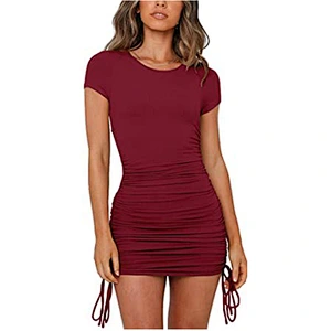 2021 new explosive round collar thread short sleeve rope wrap buttocks dress