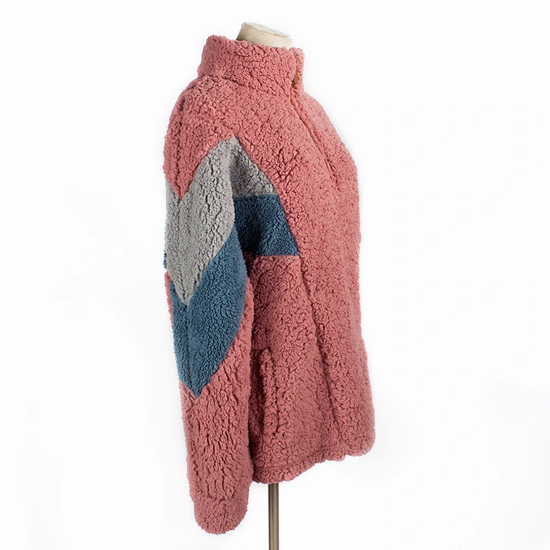 Unisex Fuzzy Color Block Teddy Coat Quarter Zip Patchwork Sherpa Fleece Jacket Pullover
