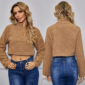 2021 Amazon Hot Womens 1/2 Zip-up Fuzzy Sweatershirt Cropped Bomber Sherpa fleece pullover