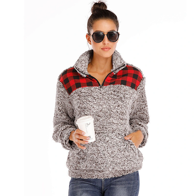 Womens Plaid Patchwork Sweatshirt Sherpa Turtle Collar Zipper Fleece Pullover