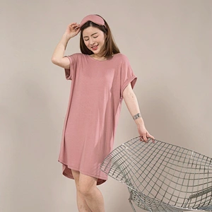 New Customized spring summer women nightgown ribbed short sleeve loose nightdress slub Crisscross backneck Knit pyjamas