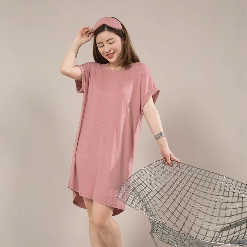 New Customized spring summer women nightgown ribbed short sleeve loose nightdress slub Crisscross backneck Knit pyjamas