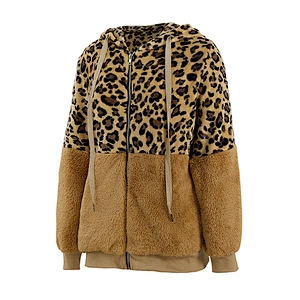 Womens Two Side Belt Teddy Coat Full Zipper Leopard Pattern Sherpa Fleece Hoodies Pullover