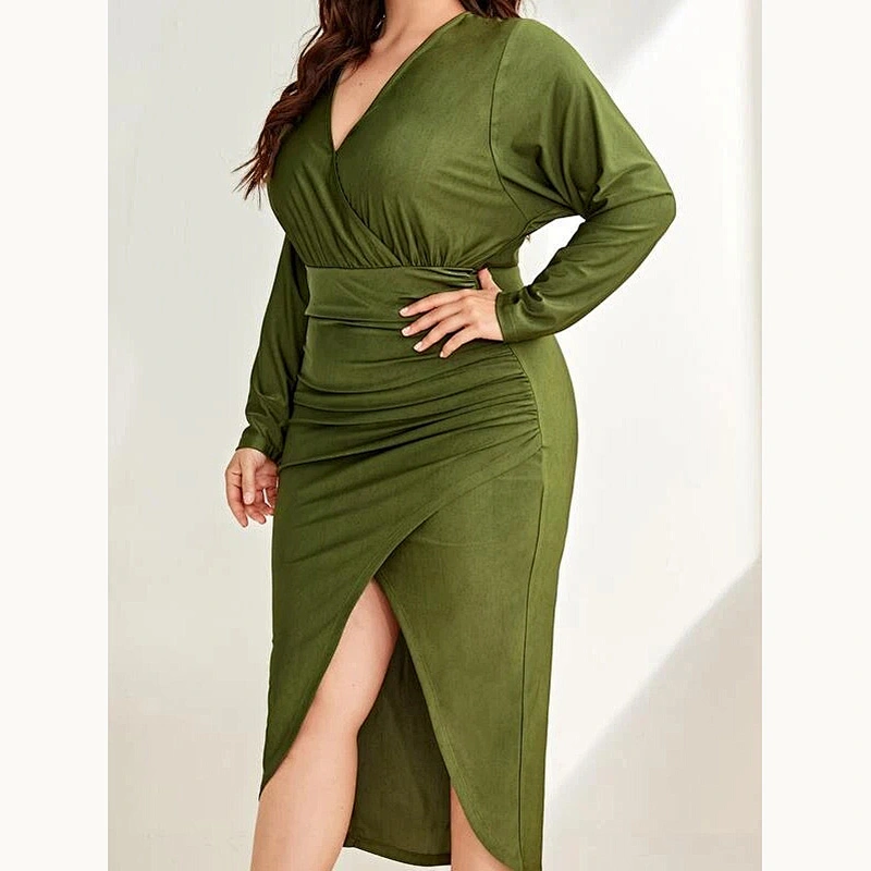 2021 New Plus Ruched Split High Wrap Solid Bodycon Dress