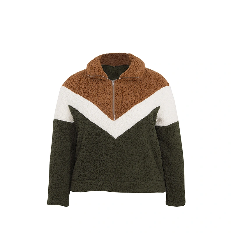 Womens Winter warm Fuzzy Plus Size 1/2 Zipper Patchwork Sherpa Polar Fleece Pullover (L-4XL)
