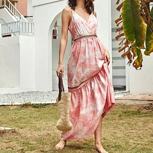 2021 New Arrival Surplice Neck Tape Detail Shirred Tie-Dye Cami Dress Boho Style Multicolor Dress