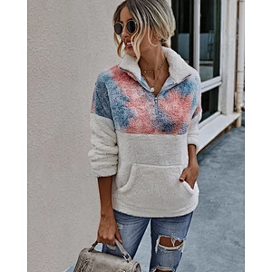 Womens Zipper Hoodies Sweatshirts Tie dye Patchwork Sherpa Fleece Jumpers Pullover with Front Pocket
