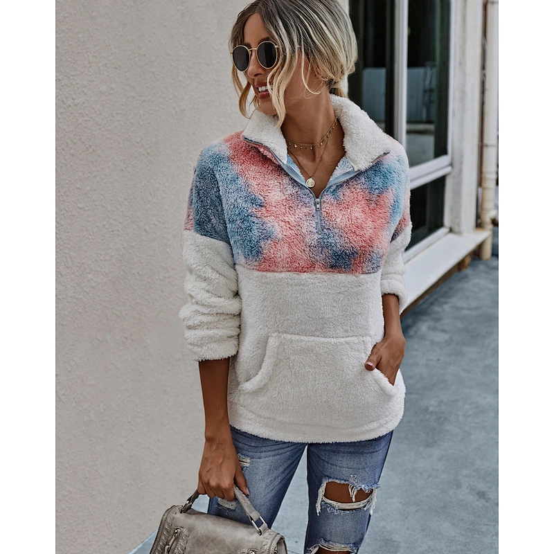 Womens Zipper Hoodies Sweatshirts Tie dye Patchwork Sherpa Fleece Jumpers Pullover with Front Pocket