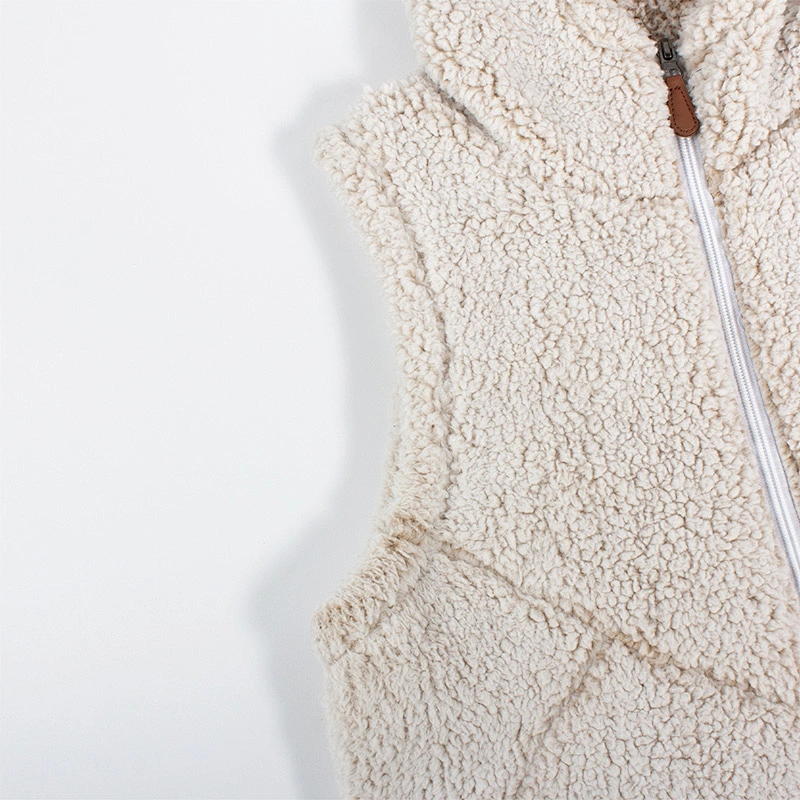 Factory Direct Winter Warm Teddy Waistcoat Beige Full Zip Sleeveless Hooded Sherpa Fleece Vest