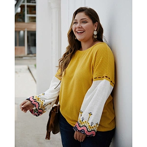 Amazon Top Women Plus Size Patchwork Embroidered Sweater Tops Long Sleeve Pullover Blouse