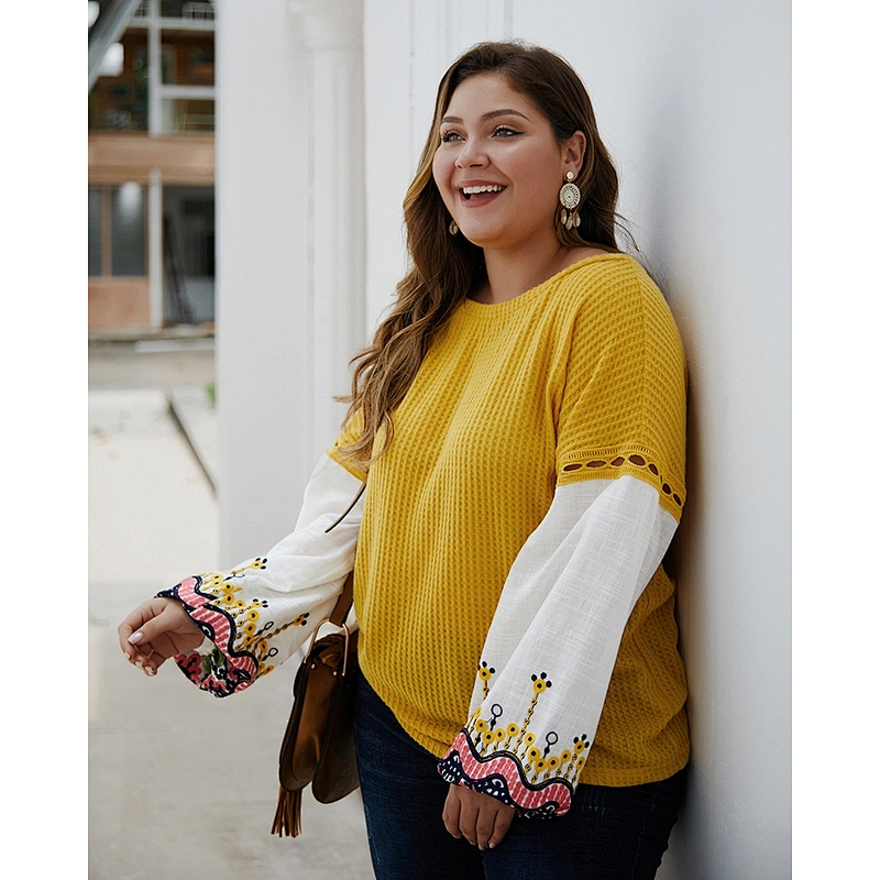Amazon Top Women Plus Size Patchwork Embroidered Sweater Tops Long Sleeve Pullover Blouse