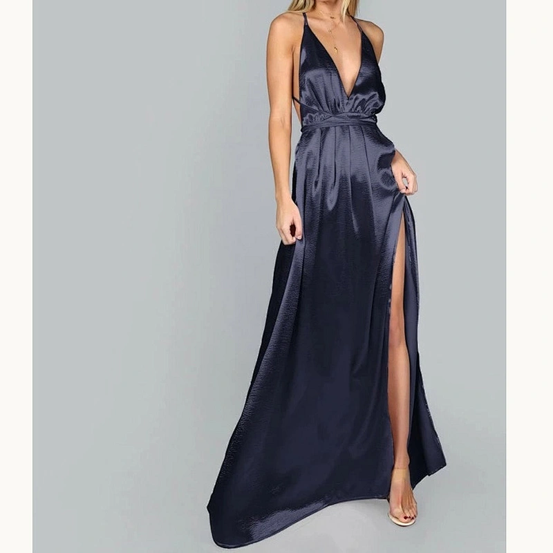 2021 New Arrival Plunge Neck Crisscross Back Split Thigh Pleated Satin Dress Sexy Lady Evening Dress