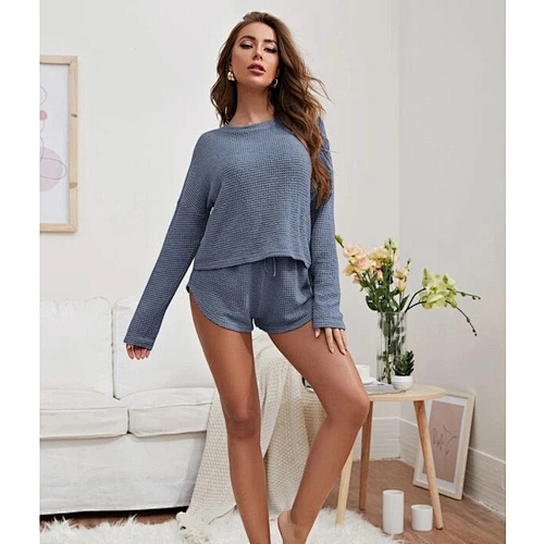2021new casual wear Solid Waffle Lounge Top and short